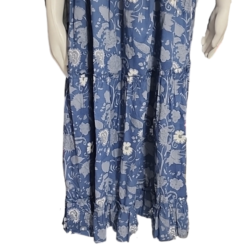 GRACE HOLIDAY Blue Chambray Floral Smocked Midi Dress L Tiered Boho Cottagecore - Picture 12 of 16